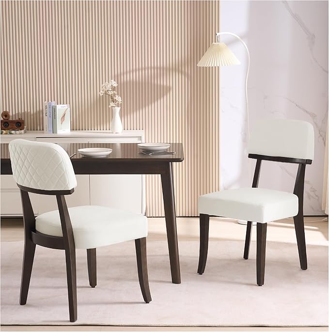 Modern Wood Dining Chairs Set of 2, Velvet Upholstered Kitchen Chairs with Open Curved Backrest & Black Hardwood Legs for Vanity, Living Room, 350 LBS Capacity, White