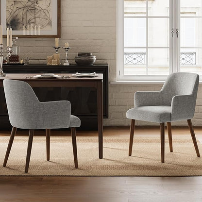 Upholstered Dining Chairs Set of 4, Modern Kitchen Chairs with Back and Curved Armrest, Fabric Side Dining Room Chairs with Wood Legs for Kitchen Dining Room Restaurant, Grey