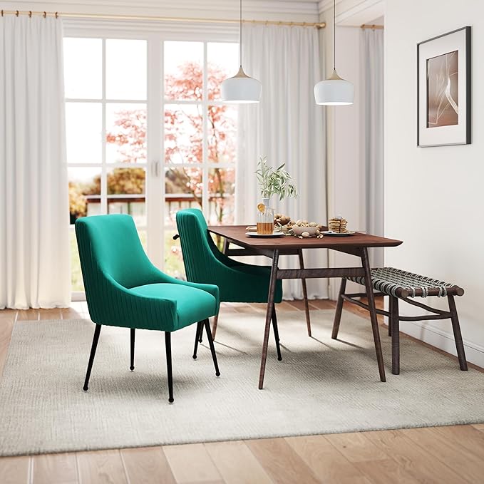 Velvet Dining Chairs Set of 2,Dark Green Upholstered Living Room Chairs with Black Metal Legs, Modern Tufted Accent Chairs for Living Room, Study Room, Kitchen