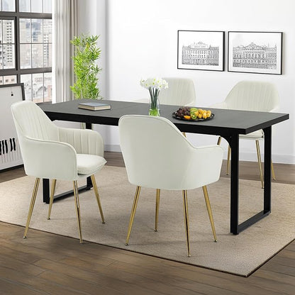 ECOTOUGE Matte Velvet Dining Chairs Set of 4, Modern Arm Chair with Golden Metal Legs, Living Room Accent Chairs for Kitchen, Beige