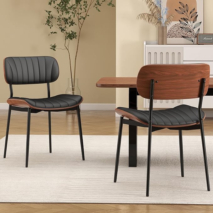 Mid Century Modern Dining Chairs Set of 2,Upholstered Faux Leather Kitchen Chairs with Walnut Bentwood Back and Metal Legs for Kitchen Dining Room Living Room, Black