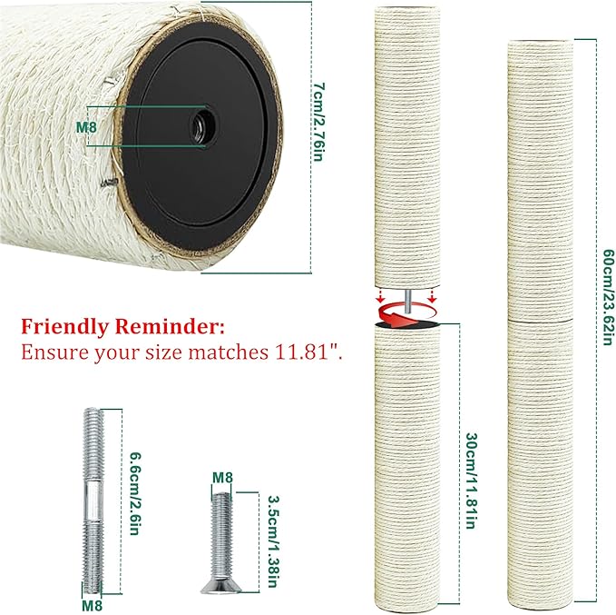 Cat Scratching Post Replacement Pole，2 PCS 11.81in Cat Tree Replacement Post，Natural Sisal Cat Tree Replacement Parts with M8 Screws，Cat Scratch Post Replacement for Refurbishment (11.8in/30cm)