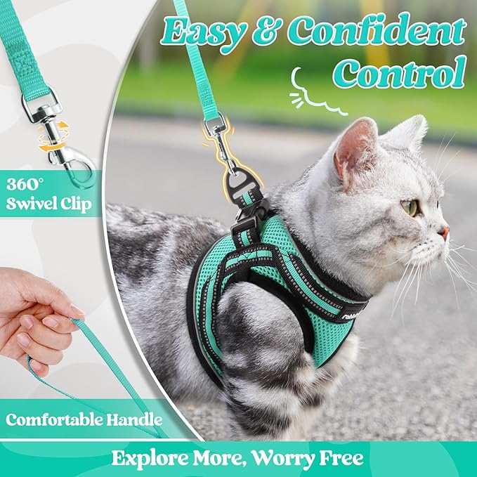 rabbitgoo Cat Harness and Leash Set for Walking Escape Proof, Adjustable Soft Kittens Vest with Reflective Strip for Cats, Comfortable Outdoor Vest,Green,L