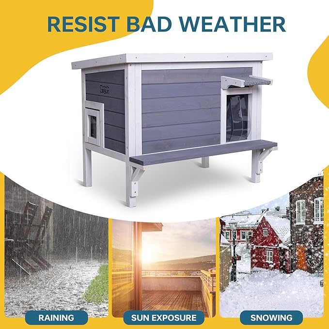 GEGURI Insulated Cat House Outdoor Weatherproof, Feral Cat Shelter for Winter, Large Wooden Enclosure