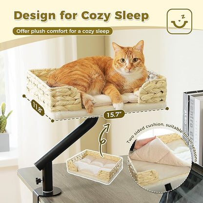 PAWZ Road Cat Desk Bed for Indoor Cats, Wicker Cat Bed for Desk Supports Up to 50 lbs, 360° Rotation & Adjustable Soft Plush Cats Hammock for Desktop, White