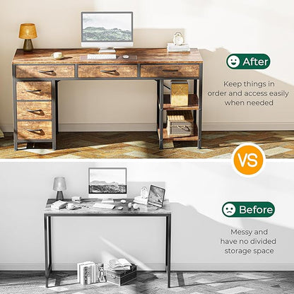 Huuger Computer Desk with 6 Drawers, 54 Inch Office Desk with Shelves, Reversible Gaming Desk, Corner Desk with Storage, Work for Home Office, Study, Living Room, Rustic Brown
