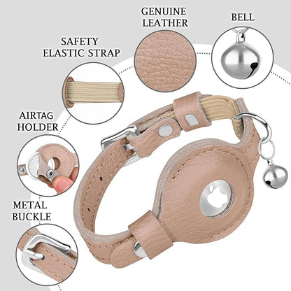 OOPSDOGGY Cat Collar for AirTag Holder, Leather Kitten Collars with Elastic Strap & Bell, Non Breakaway Adjustable Small Pet Collars for Indoor & Outdoor for Boy, Girl (Beige)
