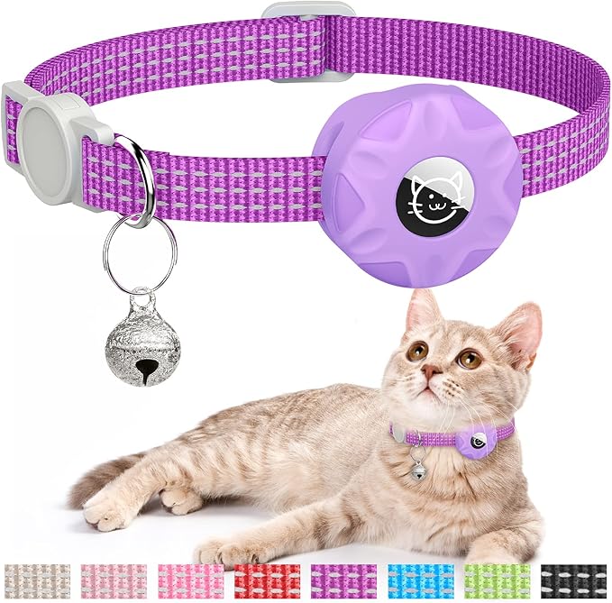 Apple AirTag Cat Collar, GPS Tracker Kitten Collar with Reflective Breakaway Holder and Bell, Lightweight for Cats & Kittens (Purple)