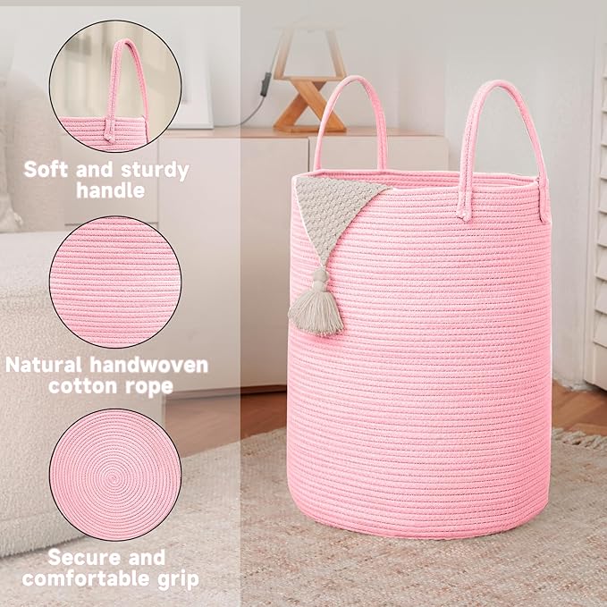 Large Woven Laundry Basket Hamper,80L Cotton Rope Storage Bin for Blankets,Toys and Clothes,Decorative Tall Nursery Hamper for Living Room,Baby Nursery,Bathroom and Bedroom,Pink