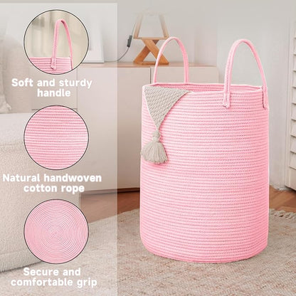 Large Woven Laundry Basket Hamper,100L Cotton Rope Storage Bin for Blankets,Toys and Clothes,Decorative Tall Nursery Hamper for Living Room,Baby Nursery,Bathroom and Bedroom,Pink