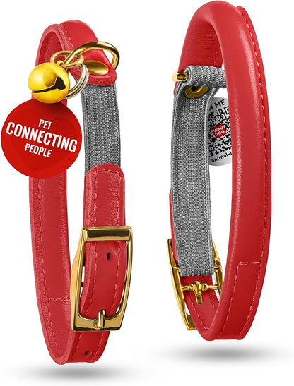 WAUDOG Ultra Soft Rolled Leather Cat Collar with Removable Bell, Safety Elastic Strap and QR ID Tag - Soft Padded for Small, Medium, and Large Cats - Round Kitten Collar for Male and Female Cats