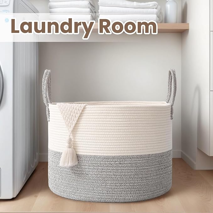 Woven Blanket Basket,65L Large Rope Storage Bin with Handles, Organizer for Blankets Toys Book and Clothes, Laundry Basket for Living Room Bedroom Nursery,White&Grey