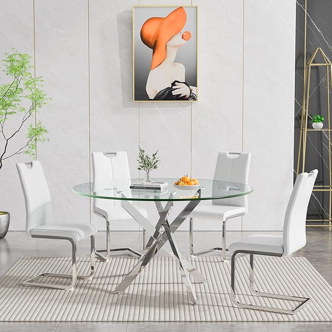 Goujxcy Round Dining Table Set for 4, Modern Glass Kitchen Table and Chairs Set of 4, 5 Piece Dining Room Table Set with 47" Circle Silver Metal Glass Dinner Table and 4 White Leather Dining Chairs