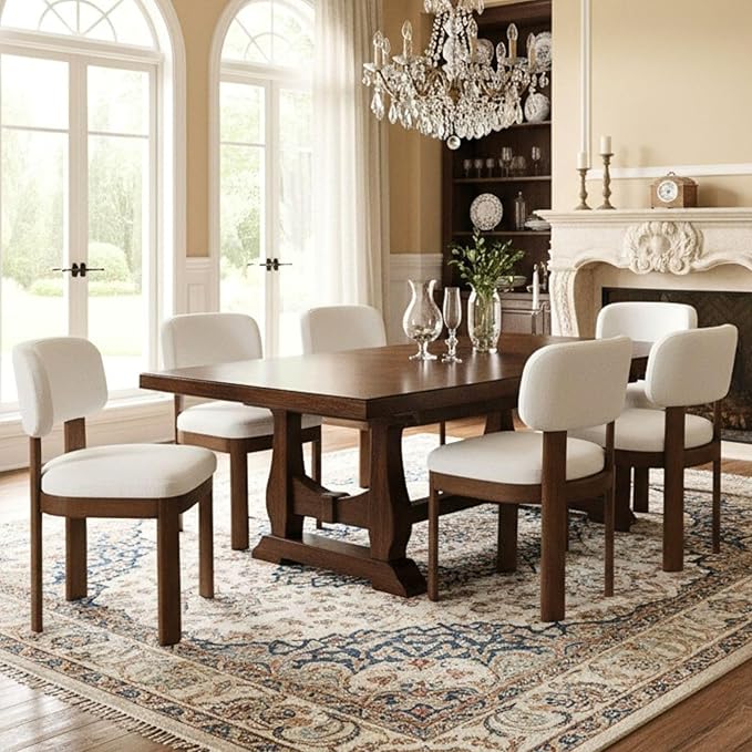 Beige Dining Chairs Set of 6 Mid Century Modern Upholstered Dining Room Chairs with Curved Backrest and Wooden Legs for Kitchen Island, Dining Room