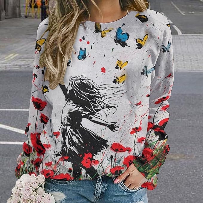 Long Sleeve Shirts for Women Cat Oil Painting Shirt 3D Graphic Sweatshirts Fall Pullover Crewneck Vintage Boho Tops