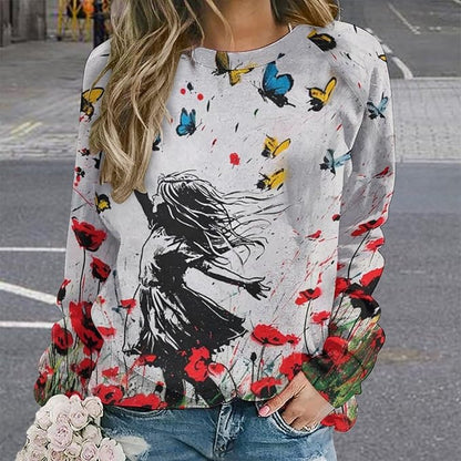 Long Sleeve Shirts for Women Cat Oil Painting Shirt 3D Graphic Sweatshirts Fall Pullover Crewneck Vintage Boho Tops