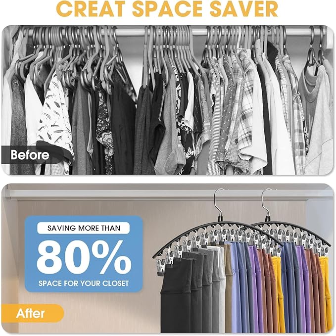 Upgrade Skirt Pants Hangers with Clips, Metal Legging Organizer for Closet with 15 Cilps Holds 90 Leggings/Shorts/Jeans/Skirts Pants Hangers Space Saving Closet Organizers and Storage, Black 6Pack