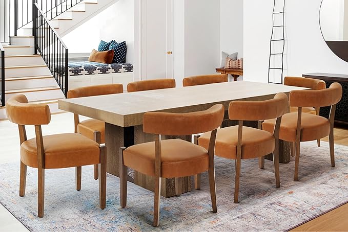 Faux Leather Dining Chairs Set of 8 Upholstered Kitchen & Dining Room Wooden Chairs Mid Century Modern Dining Chairs Low Back, Brown