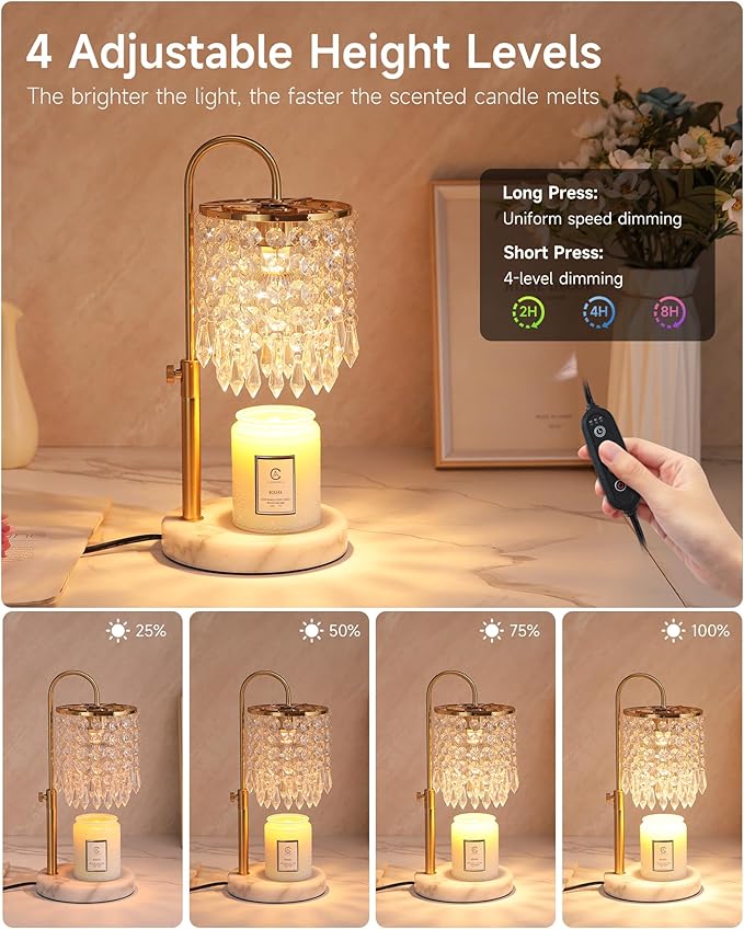 Candle Warmer Lamp with Timer Dimmer and 3 Bulbs, Candle Lamp Warmer with Marble Base for Adjustable Height, Crystal Candle Lamp for Jar Candles, House Warming Gifts Home Room Decor, Gold