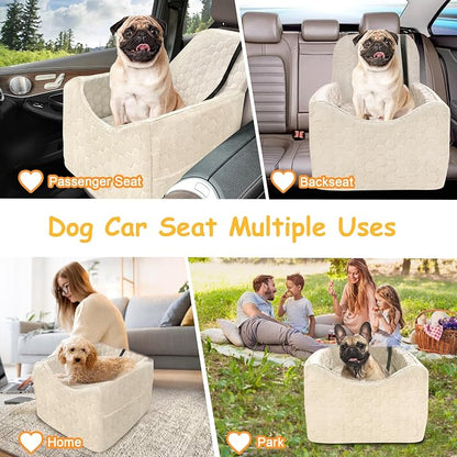 Dog Car Seat for Small/Medium Dogs, Memory Foam Dog Booster Seat, Travel Safety Per Car Seat with Washable Removable Cover, Storage Pockets for Dogs up to 35 lbs (White, Small)