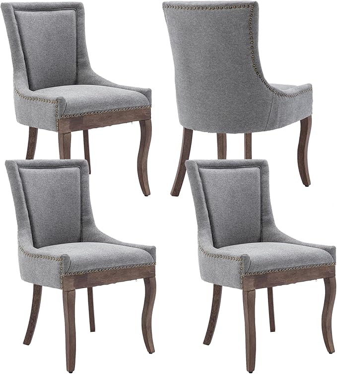 Farmhouse Dining Chairs Set of 4, Upholstered Fabric Dining Room Accent Chairs with Wood Legs & Bronze Nailhead, High Wingback Kitchen Chairs for Living Room Hotel Apartment, Gray