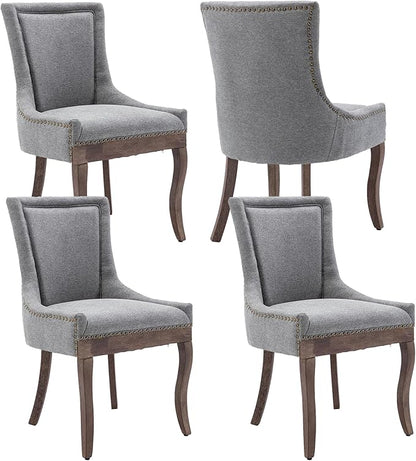 Farmhouse Dining Chairs Set of 4, Upholstered Fabric Dining Room Accent Chairs with Wood Legs & Bronze Nailhead, High Wingback Kitchen Chairs for Living Room Hotel Apartment, Gray