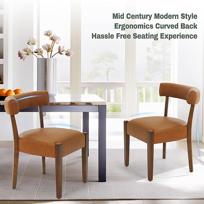 Faux Leather Dining Chairs Set of 4 Upholstered Kitchen & Dining Room Wooden Chairs Mid Century Modern Dining Chairs Low Back, Brown