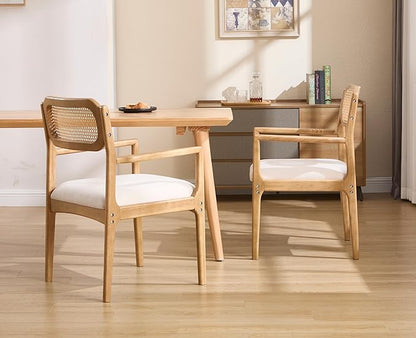 EALSON Rattan Dining Chairs with Arms Set of 2 Mid Century Dining Room Chairs with Wood Legs Linen Upholstered Kitchen Chairs Farmhouse Cane Back Arm Chairs for Living Room, Beige, Light Natural