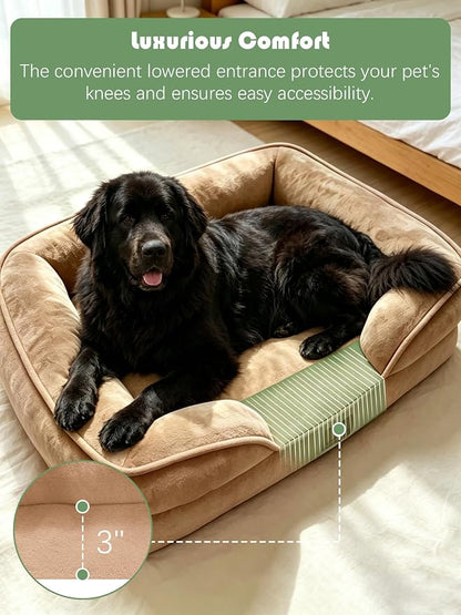 Spotted Play Orthopedic Dog Bed with Sides - Sofa Beds for Extra Large Dogs, Supportive Foam Pet Couch Bed with Washable Removable Cover, Waterproof Lining and Non-Slip Bottom, Brown - XXL