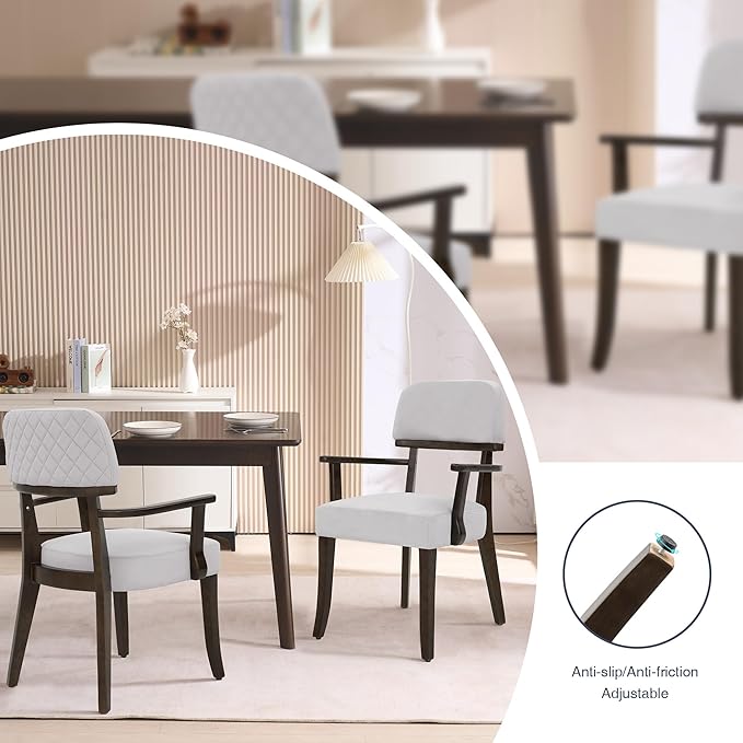 Modern Wood Dining Chairs with Arms Set of 4, Velvet Upholstered Kitchen Chairs with Open Curved Backrest & Black Hardwood Legs, Accent Chairs 350 LBS Capacity, Grey