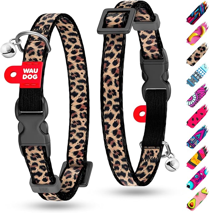 WAUDOG Nylon Cat Collar with Removable Bell and QR ID Tag for Small, Medium and Large Breeds Adjustable Long Lasting Durable Kitten Collars Boy & Girl