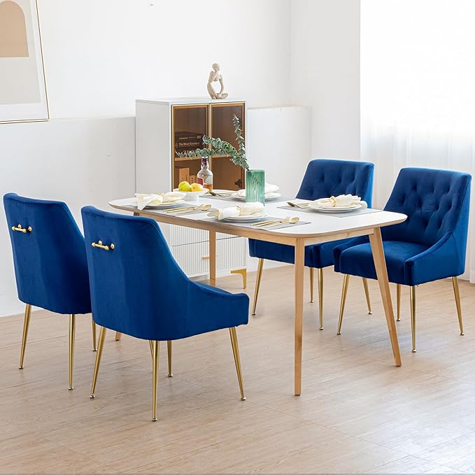 Modern Dining Chair Set of 4, Mid-Century Room Chair, Upholstered Comfortable Velvet with Back Pull Rod and Metal Legs for Kitchen, Dining, Living (Blue) (DYXSD)