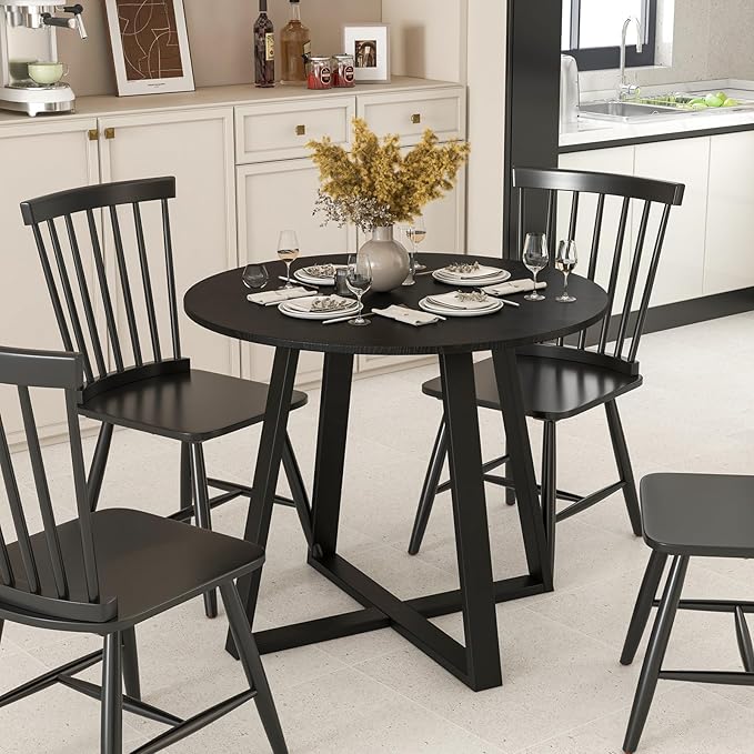 COSTWAY 36 Inch Round Table, Kitchen Table for 4 People with Rubber Wood Frame, Pedestal Base, Farmhouse Rustic Table for Living Room Restaurant, Black