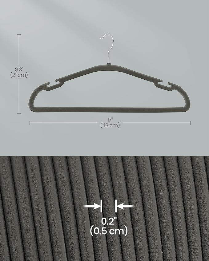 SONGMICS Velvet Hangers 50 Pack, Non-Slip Clothes Hangers, 17 x 8.3 Inches, Coat Hangers with Wide Shoulder Notches, Pants Bar, 360° Swivel Hook, Space-Saving, for Closet, Gray UCRF039G02
