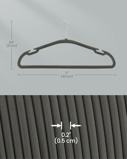 SONGMICS Velvet Hangers 50 Pack, Non-Slip Clothes Hangers, 17 x 8.3 Inches, Coat Hangers with Wide Shoulder Notches, Pants Bar, 360° Swivel Hook, Space-Saving, for Closet, Gray UCRF039G02