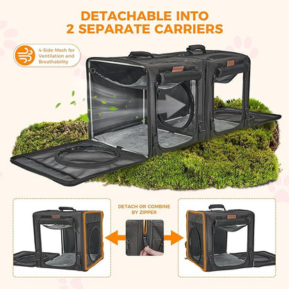 PETUX 2-in-1 Double Cat Carrier for Multiple Cats - Large Cat Travel Carrier with Litter Box, Play Tunnels, and Hammock - Portable Pet Carriers for Long Car Trips ＆ Vet Visit (34"x17"x17", Black)