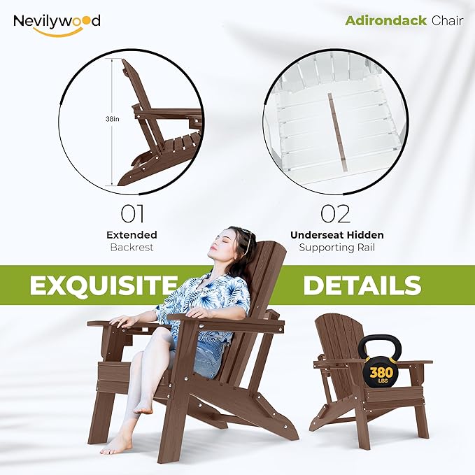 nevilywood Folding Adirondack Chair with Cup Holder Set of 4, HDPE Patio Chairs,All-Weather Outdoor Chairs for Backyard, Deck,Fire Pit-Coffee