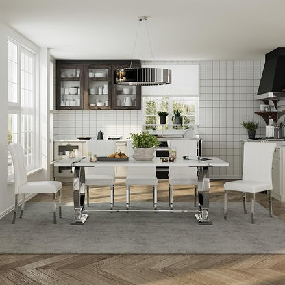 ACEDÉCOR 80" White and Silver Dining Table for 6-8, Modern Large Rectangular Lacquer Top and Chrome Metal U Shaped Base