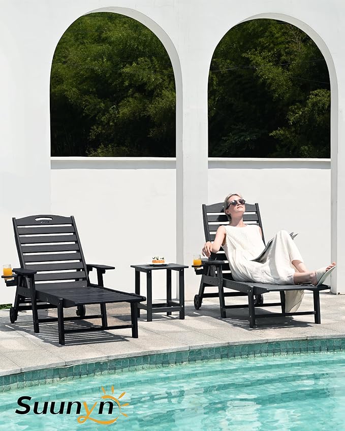 Lounge Chair Outdoor, Chaise Lounge Outdoor, HDPE 6-Position Lounge Chair for Outside, Patio Lounge Chair with Wheels & Cup Holder for Pool Poolside Deck Backyard, Black