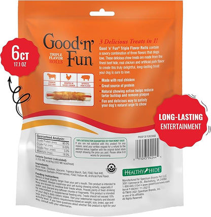 Good ‘n’ Fun Triple Flavor Rolls for Large Dogs, Treat Your Dog to Long-Lasting Chews Made with Beef Hide, Chicken and Artificial Pork Flavor, 6 Count