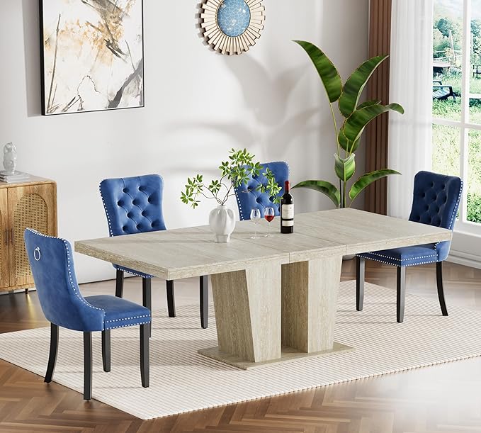 Goujxcy 5-Piece Extendable Dining Table Set for 4, 63-78 Inch Faux Travetine Kitchen Table Set with 4 Blue Upholstered Chairs Modern Wood Expandable Dining Room Table Set for Kitchen Apartment