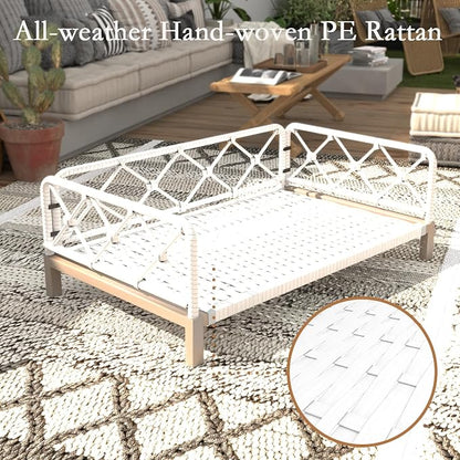 Dog Sofa Bed, Elevated Dog Couch with Washable Removable Gray Cushion, Rattan White Wicker Orthopedic Raised Pet Sofa for Outdoor, Indoor