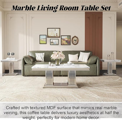 47" Marble Console Table, Modern Entryway Table with Pillar Stainless Steel Base, Rectangle Faux Marble Sofa Table for Living Room, Hallway, Foyer, White Silver