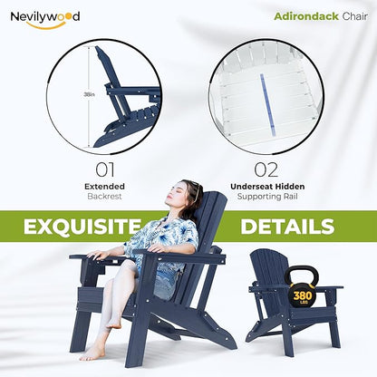 nevilywood Folding Adirondack Chair with Cup Holder Set of 4, HDPE Patio Chairs,All-Weather Outdoor Chairs for Backyard, Deck,Fire Pit-NavyBlue