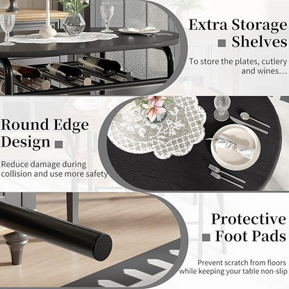 VECELO 3-Piece Dining Table Set for Kitchen Breakfast Nook, Wood Grain Oval Tabletop and Metal Frame with Built-in Wine Rack, for Small Spaces, Black