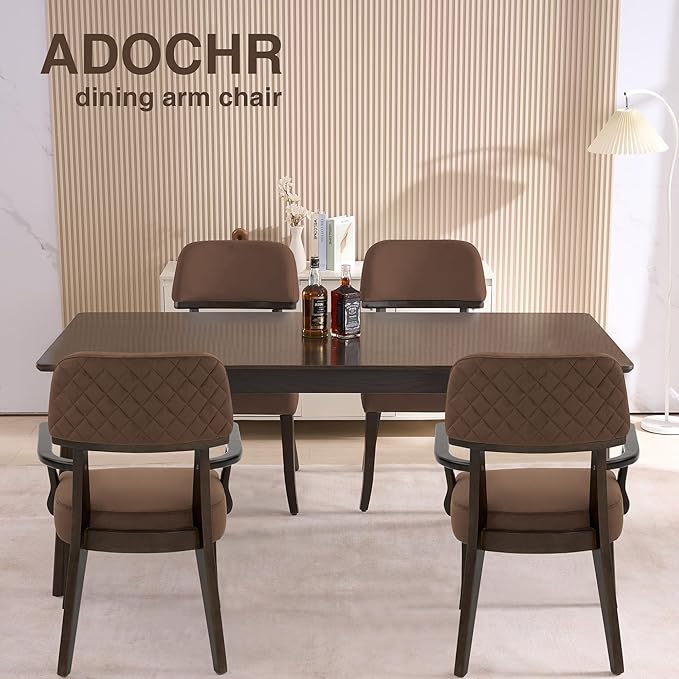 Modern Wood Dining Chairs with Arms, Velvet Upholstered Kitchen Chairs with Open Curved Backrest & Black Hardwood Legs, Accent Chairs 350 LBS Capacity, Brown