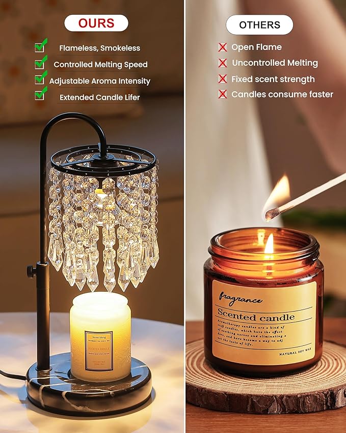Candle Warmer Lamp with Timer Dimmer and 3 Bulbs, Candle Lamp Warmer with Marble Base for Adjustable Height, Crystal Candle Lamp for Jar Candles, House Warming Gifts Home Room Decor, Black