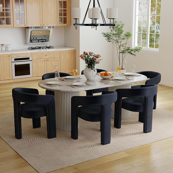 Set of 4 Modern Velvet Fabric Upholstered Dining Chairs with Open-Back, Cute Barrel Side Chairs Kitchen Armchair Accent Chairs for Dining Room Bedroom, Black