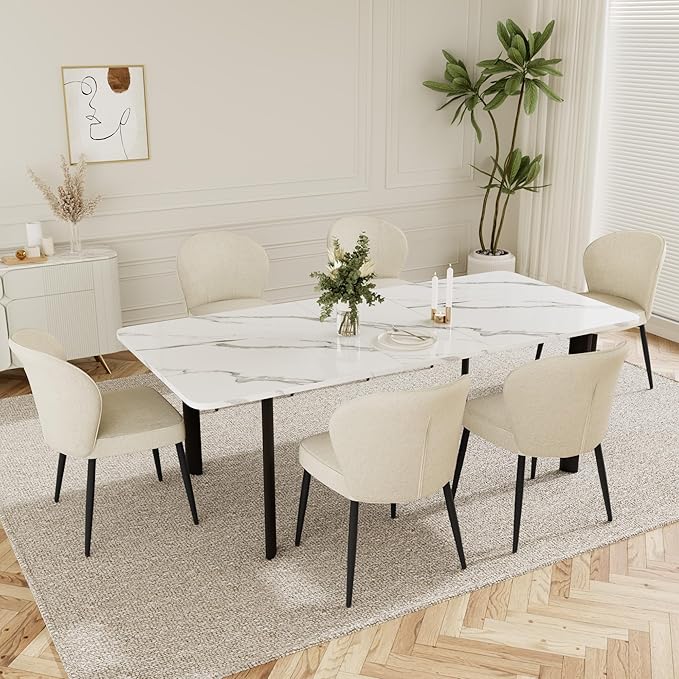 Dining Chairs Set of 2, Modern Fabric Dining Room Chairs with Curved Backrest Well-Padded Seat, Upholstered Kitchen Chairs for Living Dining Room, White