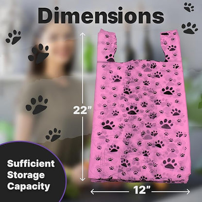 T-Shirt Bags – Paw Print Design Pink Color - 100 Pack - Thank You & Shopping Bags - Cat or Dog - 22" L x 12" W x 7" Plastic